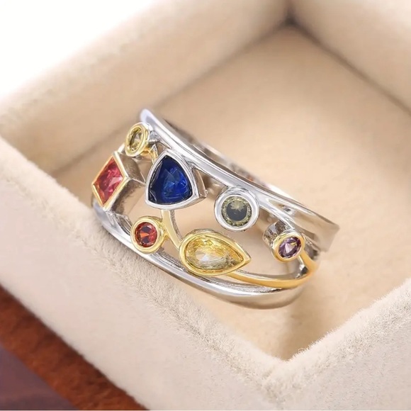 Elegant Multi-color Stone Silver and Gold Ring - Picture 3 of 13